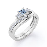 3 Stone Shared Prong - 1 TCW Princess Cut Aquamarine and Moissanite - Pave Curved Shank Wedding Set - White Gold