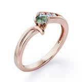 Curved Band - Six Prongs 0.5 carat Round Green Moss Agate and Moissanite Artistic Engagement Ring in Rose Gold