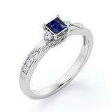 Double Curved Line Milgrain 0.55 carat Princess Blue Sapphire and Moissanite Dainty Engagement Ring in White Gold