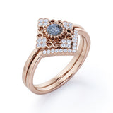 Antique Floral Bezel 1 Carat Round Cut Fancy Dark Grey Salt and Pepper Diamond and Contour Pave Band Bridal Set Rings