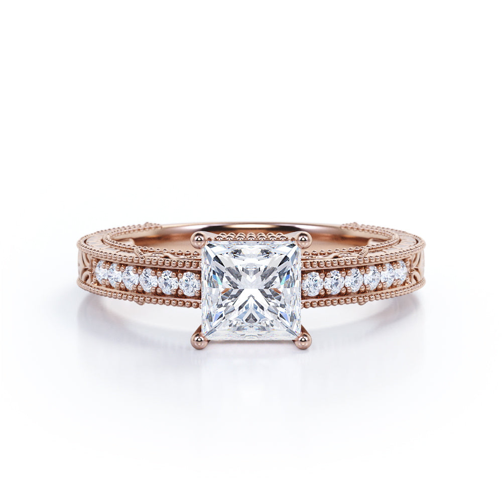 Art Deco Pave Set 0.50 Carat Princess Cut Diamond Vintage Milgrain Engagement Ring In White Gold