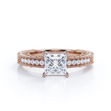 Art Deco Pave Set 0.50 Carat Princess Cut Diamond Vintage Milgrain Engagement Ring In White Gold