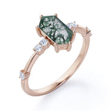 Seven Stones 0.8 carat Hexagon Moss Agate and Moissanite Engagement Ring in Black Gold
