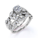 1 Carat Round Cut Diamond - Vintage - Flower - Milgrain - Engagement Ring - Wedding Set - 10K White Gold