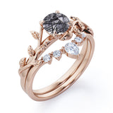 Nature Inspired 1.15 Carat Round Cut Solid Black Rutile Clear Crystal Quartz Leaf Style Five Stone Wedding Ring Set In White Gold