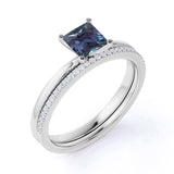 4 Prong Solitaire 1.25 Carat Princess Cut Simulated Alexandrite and Diamond Pave Bridal Set Rings