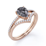 1.40 ct Pear Black Rutilated Quartz V Style Pave Bridal Set