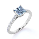 Pave 1.50 ct Princess Aquamarine Engagement Ring