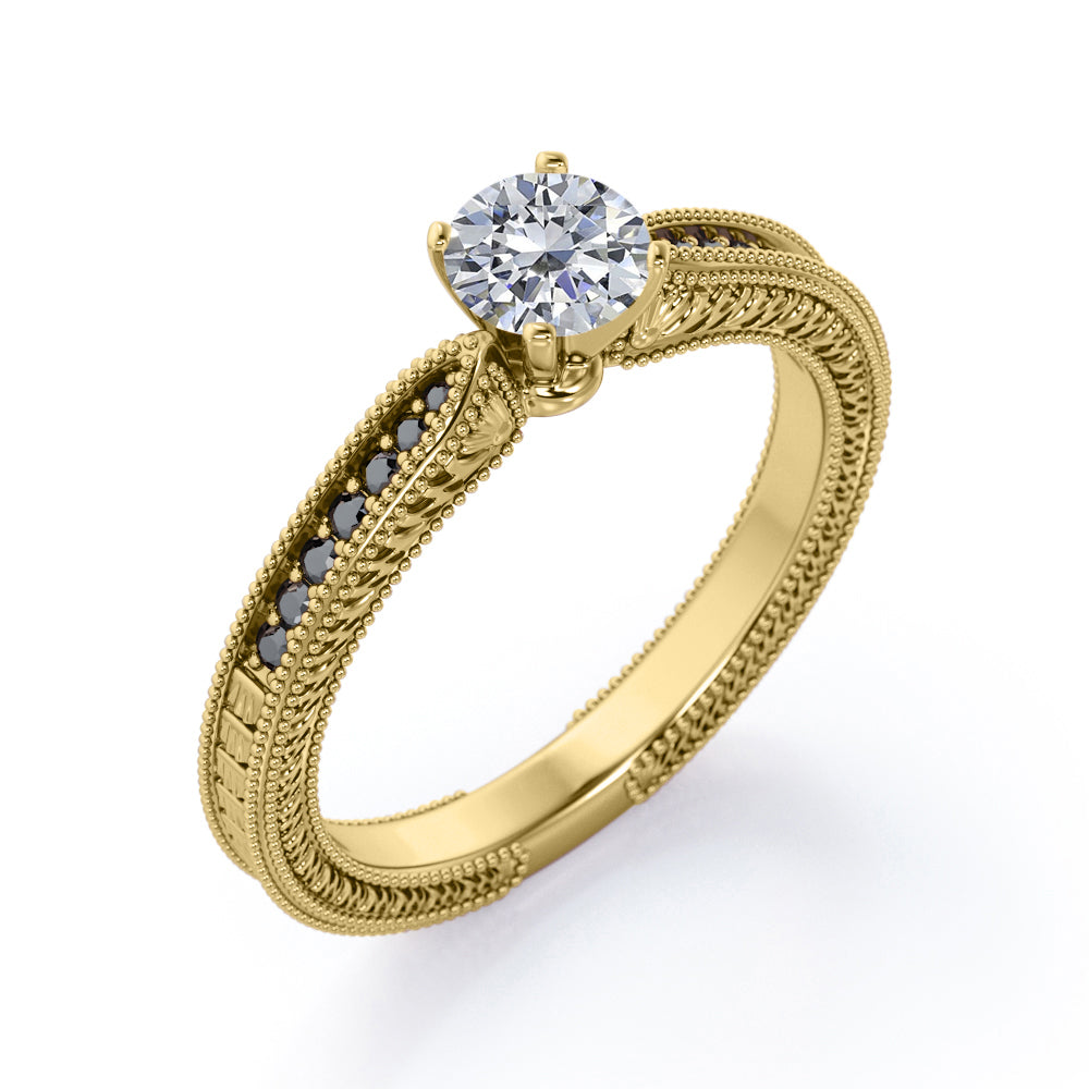 Edwardian Style - 1.25 TCW Round Cut Moissanite with Lab Created Black Diamond - Milgrain Bordered Engagement Ring in White Gold