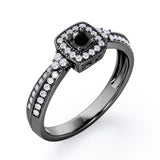 Double Pave Channel 1.5 Carat Round-Shaped Black Diamond Halo Cluster Engagement Ring in  White Gold