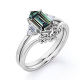 Floral Pattern 1.15 Carat Hexagon Shaped Lab Created Alexandrite And Diamond Nature Inspired Five Stone Wedding Ring Set In White Gold