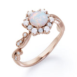 Floral Halo 0.7 carat Round Opal and Diamond Engagement Ring in White Gold