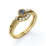 Trilogy Milgrain 0.65 Carat Round Cut Druzy Rutilated Quartz and Diamond Art Deco Wedding Set Rings for Her