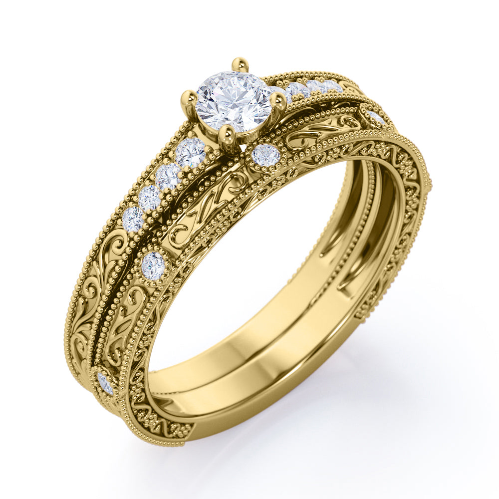 Vintage 1 carat Round Moissanite and Diamond Bridal Set For Her in White Gold