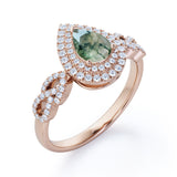Double Halo 1.25 carat Pear Moss Agate and Moissanite Engagement Ring in White gold