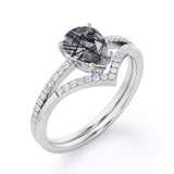 1.40 ct Pear Black Rutilated Quartz V Style Pave Bridal Set