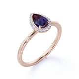 Simple Plain Shank 1.25 Carat Pear Shape Lab Alexandrite and Diamond Halo Engagement Ring for Her