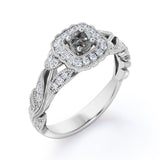 Floral Frame 1 Carat Round Cut Natural Salt and Pepper Diamond Art Deco Engagement Ring in 10k White Gold