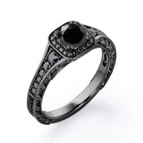Double Prong Cluster - 1.4 TCW Round Lab Created Black Diamond - Filigree Pave Channel Engagement Ring in White Gold