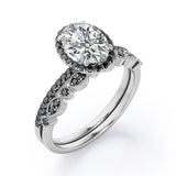 1.65 TCW Oval Cut Moissanite with Lab Created Black Diamond - Milgrain Filigree - Scalloped Pave Bridal Ring Set in White Gold