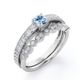 1.15 Carat Round Cut Aquamarine And Diamond Vintage Wedding Ring Set In White Gold