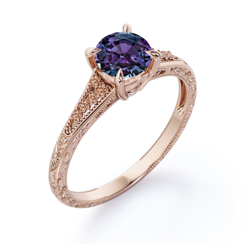 Flower Design 1 Carat Round Cut Lab Created Alexandrite Antique Milgrain Art Deco Engagement Ring In White Gold For Her