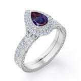 Vintage 1.65 Carat Pear Cut Lab Created Alexandrite Art Deco Wedding Ring Set In White Gold