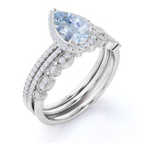Affordable 2 Carat Pear cut Aquamarine and Diamond Antique Wedding Trio Ring Set in Rose Gold