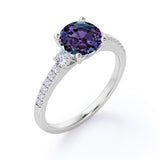 Classic Simple Three Stone 1.50 Carat Round Cut Lab Created Alexandrite and Diamond Half Eternity Pave Engagement Ring in Rose Gold for Women