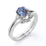 Trilogy 0.55 Ct Hexagon Lab Alexandrite Leafy Bridal Set