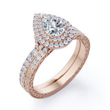 1.75 Carat Double Halo Vintage Moissanite and Diamond Pave Ring Pear Cut Milgrain Bridal Set in Rose Gold