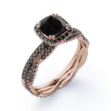 Eternity Crossover - 1.75 TCW Cushion Cut Lab Created Black Diamond - Halo Pave Setting Wedding Set in White Gold