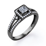 Split-Shanked Pave 1.55 Carat Princess Cut Moissanite and diamond Milgrain-Bordered Halo Engagement Ring in White Gold