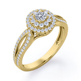 Double Halo Cluster 1.8 Carat Round-Shaped Moissanite and diamond Split-Shaked Milgrain Pave Engagement Ring in Rose Gold