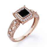 Art Deco Beaded 1.35 Carat Princess Cut Black Diamond Halo Engagement Ring In White Gold