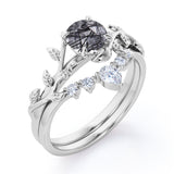 Nature Inspired 1.15 Carat Round Cut Solid Black Rutile Clear Crystal Quartz Leaf Style Five Stone Wedding Ring Set In White Gold