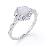 Clustered Halo 1.30 Carat Round Cut Translucent Opal And Diamond Antique Beaded  Engagement Ring In White Gold