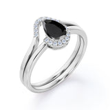Unique 1.25 Carat Teardrop Shape Lab Black Diamond Bridal Set with contour band in White Gold