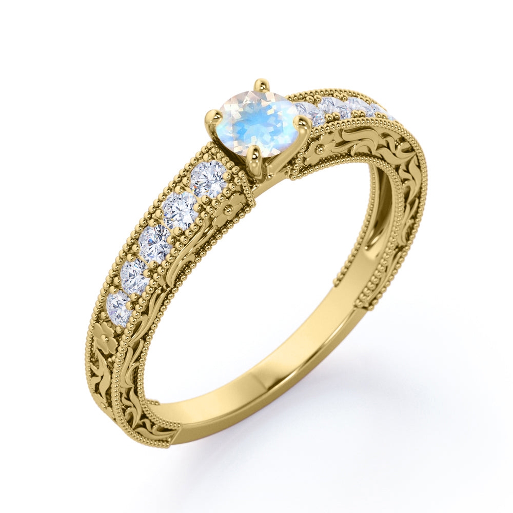 Blooming Filigree Flower 0.6 carat Round Moonstone and Moissanite Engagement Ring in Rose Gold