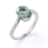 1 ct Oval Cut Green Moss Agate Bypass Milgrain Engagement Ring
