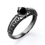 Beaded Four Prong 1 Carat Round Cut Black Diamond Solitaire Vintage Engagement Ring In White Gold