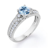 Antique 4 Prong 1.50 Carat Round Cut Aquamarine And Diamond Vintage Milgrain Layered Engagement Ring In White Gold