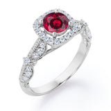 Antique Milgrain 1.35 Carat Round Cut Lab Ruby And Diamond Halo Engagement Ring In White Gold
