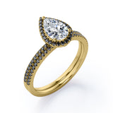 Scalloped Pave - 1.75 TCW Pear Shaped Moissanite with Lab Created Black Diamond - Halo Design Bridal Set in Rose Gold