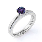 Plain Shank Solitaire 1.25 Carat Round Cut Simulated Alexandrite and Diamond Pave Bridal Set Rings