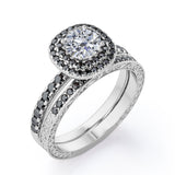 Cushion Double Halo 1.75 TCW Round Brilliant Cut Moissanite with Lab Created Black Diamond Bridal Set with Pave Accents in Black Gold