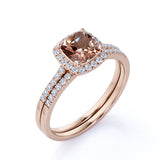 1.75 Carat Cushion Cut Halo Morganite and Diamond Bridal Ring Set in 10k Rose Gold for Women