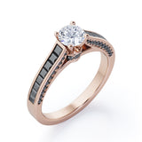 1.4 TCW Round Shape Moissanite with Lab Created Black Diamond - Pave and Channel - Cathedral Engagement Ring in White Gold
