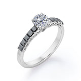 Shared Prong - 1.35 TCW Round Brilliant Cut Moissanite with Lab Created Black Diamond - Milgrain Bezel Engagement Ring in Rose Gold