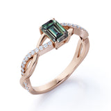 Twisted Infinity Solitaire 0.75 Carat Emerald Cut Lab Created Green Alexandrite and Semi Eternity Diamond Pave Engagement Ring in Rose Gold for Women